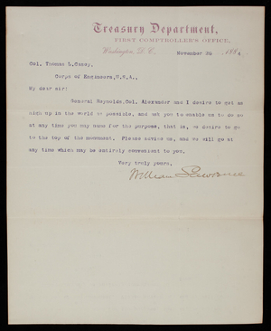 William Lawrence to Thomas Lincoln Casey, November 29, 1884