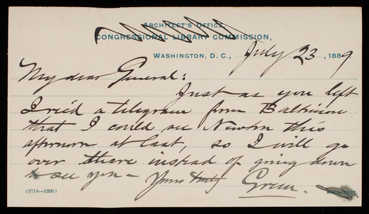[Bernard] Green to Thomas Lincoln Casey, July 23, 1889