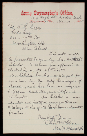 Charles McClure to Thomas Lincoln Casey, March 30, 1885