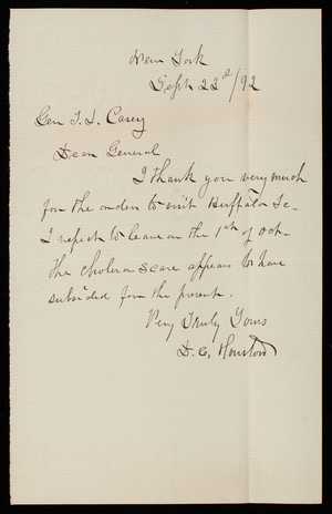 D. C. Houston to Thomas Lincoln Casey, September 23, 1892