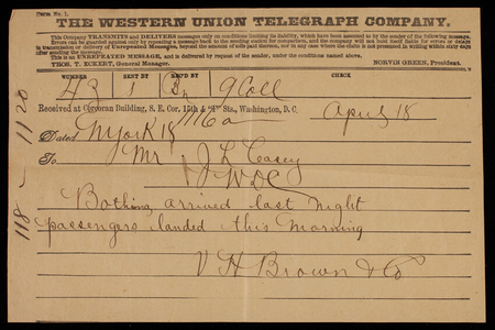 V. H. Brown & Co. to Thomas Lincoln Casey, April 18, 1883, telegram