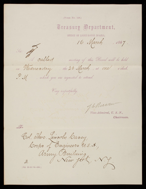 Office of the Light-House Board to Thomas Lincoln Casey, March 16, 1887