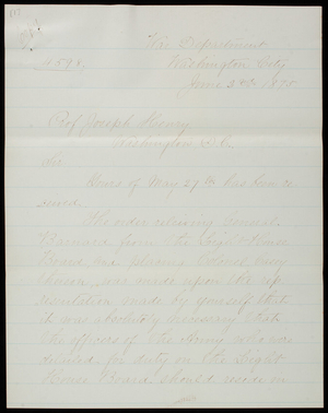 [William] W. Belknap to Thomas Lincoln Casey, June 2, 1875, copy