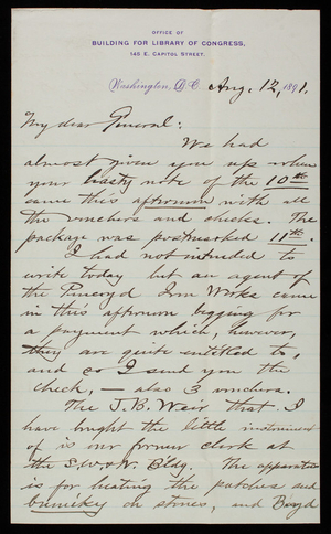Bernard R. Green to Thomas Lincoln Casey, August 12, 1891