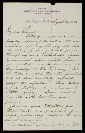 Bernard R. Green to Thomas Lincoln Casey, August 16, 1895