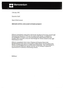 Memorandum from Mark H. McCormack concerning Broadcasting and Light Entertainment