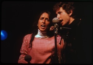 Bob Dylan and Joan Baez, performing on stage, Newport Folk Festival