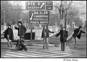 Hitchhiking in Boston: (from left) Stephen Davis, Marcia Braun, Lacey Mason, three unidentified people, and a puppy