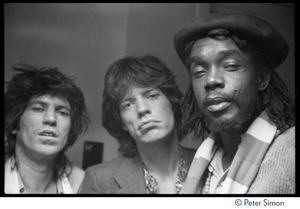 Keith Richards, Mick Jagger, and Peter Tosh (from left) posing before Tosh's performance on Saturday Night Live