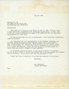 Letter from Judi Chamberlin to Alternatives '91