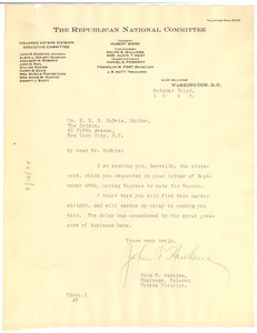 Letter from Republican National Committee to W. E. B. Du Bois