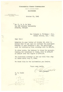 Letter from Commercial Credit Corporation to W. E. B. Du Bois