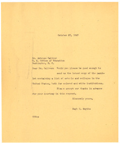 Letter from Hugh H. Smythe to United States Office of Education