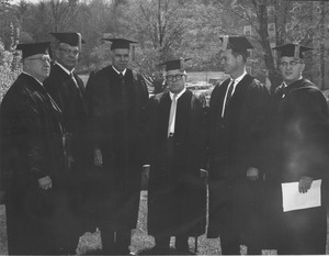 Charter Day: James Pollack, Charles Avila, Glenn Seaborg, George Meany, Governor Endicott Peabody, and President John W. Lederle outside Totman Gymnasium