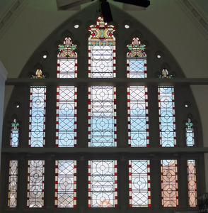 Former Berkshire Athenaeum: James A. Bowes Building – Pittsfield Probate Courthouse: stained glass window viewed from interior