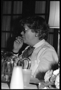 Marysa Navarro (Dartmouth College) smoking a cigarette at the 10th anniversary celebrations of Women's Studies at UMass Amherst