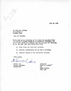 Letter from Congress of Racial Equality (CORE) housing chairman Edmund Lane to Landlord Florence Brodsky concerning property issues