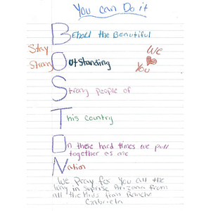 "Boston" acrostic from a student at Rancho Gabriella Elementary School (Surprise, Arizona)