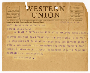 Telegram from William Green to Citizens National Committee for Sacco and Vanzetti, August 16, 1927