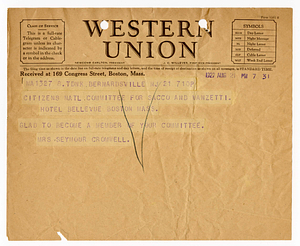 Telegram from Mrs. Seymour Cromwell to Citizens National Committee for Sacco and Vanzetti, August 21, 1927