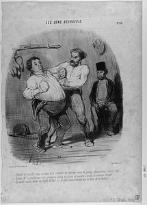 - Quand en société vous voudrez bien recevoir un énorme coup de poing, placez-vous comme ceci!.... - Pardon, Mr. le professeur, mais j'aimerais mieux me placer de manière à ne pas le recevoir du tout.......... - Ça serait contre toutes les règles de l'art.... et alors vous n'auriez pas le droit de le rendre!.......