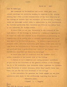 Letter to Mr. Damkroger from Laurence L. Doggett about fraternities (March 14, 1917)