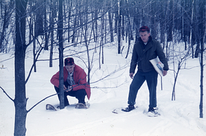 Bruce Gullian and Richard J. Peterson Testing Sap on Kenwood Sugar Maple Plantation - Mt. Hope Farm, Williamstown, MA - March 1958.