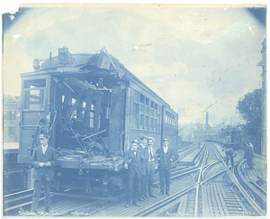 Dudley Street accident, view from tracks of damaged train car