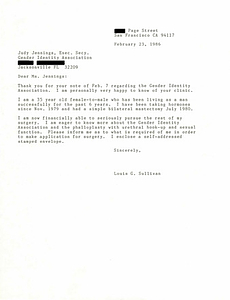 Correspondence from Lou Sullivan to Judy Jennings (February 23, 1986)