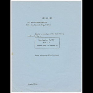 Memorandum from Mrs. Elizabeth Gray to Host Advisory Committee about meeting on June 24, 1965