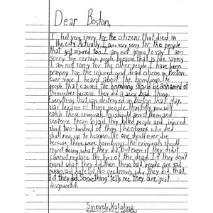 Letter to Boston from a student at Dunn Elementary School (Arlington, Texas)