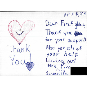 Letter of thanks sent to the firefighters of Boston by California Children