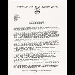 Chairperson Paul Parks, Nov. 15, 1993, statement on proposed legislation and directory of Boston Public Schools