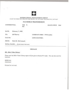 Fax from Mark H. McCormack to Jeff Harvey