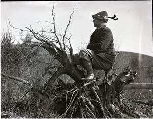 Thomas Dreier seated on an uprooted tree