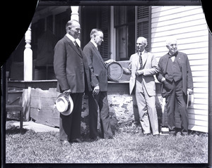 Col. John Calvin Coolidge Sr., Calvin Coolidge, Henry Ford, and Thomas Edison (l. to r.) with sap bucket