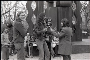 Commune members being interviewed by Channel 5 news: James Baker, Steve Wilhelm, Richard Safft (l. to r.)