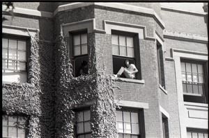 Young men sitting in an open second story window