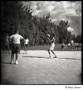 Camp Arcadia: campers playing basketball (shooting a freethrow)