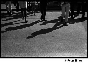 Legs and shadows on a sidewalk, Boston University