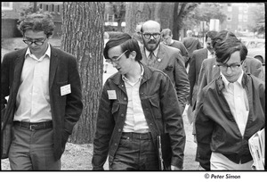 United States Student Press Association Congress: (l-r) Alex Jack, Raymond Mungo, unidentified man, and Ed Siegel walking outside