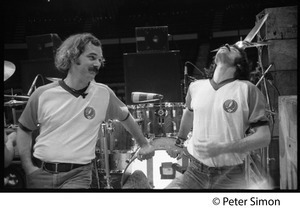 Bill Kreutzman (left) and Mickey Hart, drummers for the Grateful Dead, standing in front of their kit