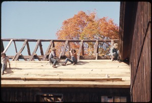 Roofing work on the barn, Montague Farm Commune