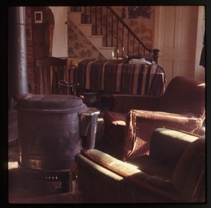 Living room and wood stove, Montague Farm Commune
