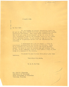 Letter from W. E. B. Du Bois to Fred M. Alexander