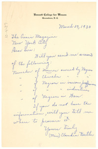 Letter from Claudia W. Butler to W. E. B. Du Bois