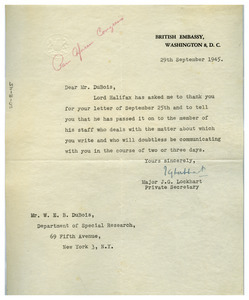 Letter from British Embassy to W. E. B. Du Bois