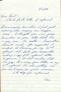 Correspondence from Lou Sullivan to Paul Walker (April 12, 1986)