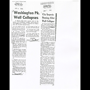 Photocopies of newspaper articles about wall collapse at Marksdale Gardens apartments