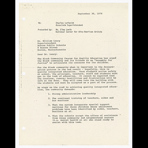 Letter presented by Ms. Elma Lewis to Charles Leftwich and Dr. William Leary about the Black Community Caucus on Education and desegregation of Boston public schools